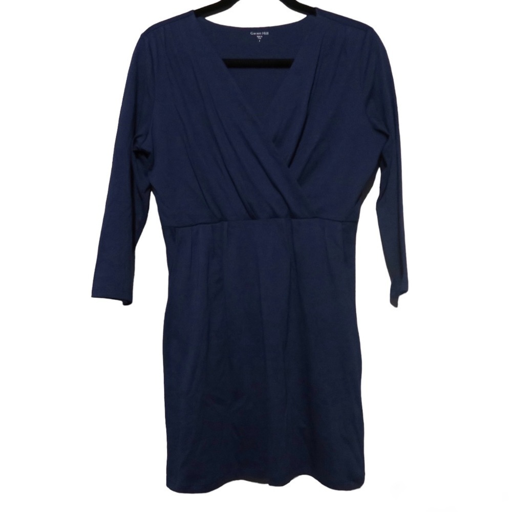 Garnet Hill‎ Mini Dress Pima Cotton V-neck 3/4 Sleeves Navy Blue Versatile
